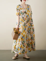 Floral Printed A-line Loose Round-neck Midi Dresses