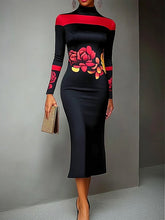 Flower Print Bodycon Long Sleeves High Neck Midi Dresses