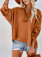 Buttoned Split-Joint Velvet Hooded Long Sleeves Sweatshirt Tops