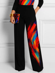 Contrast Color Pockets Printed Wide Leg Trousers Pants