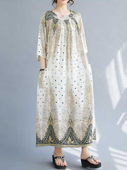 Pleated Pockets Polka-Dot Printed Half Sleeves High Waisted Round-Neck Midi Dresses