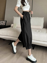 Elasticity Solid Color Split-Joint High Waisted Loose Trousers Pants Ninth Pants Knickerbockers