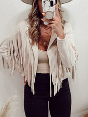 Solid Color Split-Joint Tasseled Long Sleeves Notched Collar Jackets