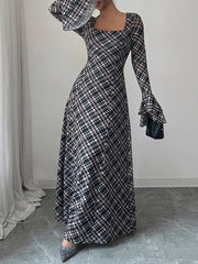 Contrast Color High-Waisted Plaid A-Line Flared Sleeves Square-Neck Maxi Dresses