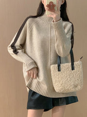 Contrast Color Split-Joint Split-Side High-Low Long Sleeves High Neck Sweater Tops Pullovers