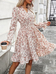 Elasticity Flower Print A-Line Long Sleeves V-Neck Midi Dresses