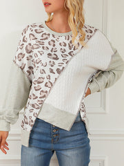 Asymmetric Contrast Color Leopard Split-Joint High-Low Long Sleeves Round-Neck Sweatshirt Tops