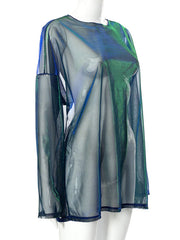 Gauze See-Through Long Sleeves Loose Round-neck T-Shirts Tops