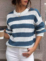 Contrast Color Striped Long Sleeves Loose Round-Neck Sweater Tops Pullovers