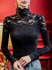 Solid Color Split-Joint Long Sleeves Plus Size High Neck T-Shirts Tops