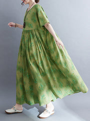 Floral Printed Loose Short Sleeves Round-Neck Midi Dresses