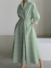 Pleated Printed Tied Waist Long Sleeves Loose Lapel Shirt Dress
