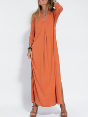 Long Sleeves Loose Solid Color Split-Side V-Neck Maxi Dresses