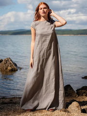 Simple Gray Ramie Cotton Cap Sleeve Maxi Dress