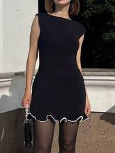 Ruffle Trim Solid Color High Waisted Sleeveless Round-Neck Mini Dresses