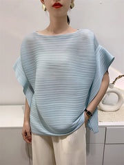 Pleated Solid Color Batwing Sleeves Loose Round-Neck T-Shirts Tops