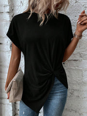 Asymmetric Pleated Solid Color Split-Joint Batwing Sleeves Loose Round-neck T-shirts
