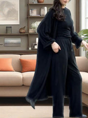 Loose Long Sleeves Cardigan Coat + Round-Neck T-Shirts + Drawstring Elasticity Pants Three Pieces Set