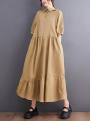Simple Half Sleeves Loose Solid Color Lapel Collar Midi Dresses