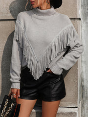 Solid Color Tasseled Long Sleeves Loose High-neck Sweater Tops Pullovers Knitwear