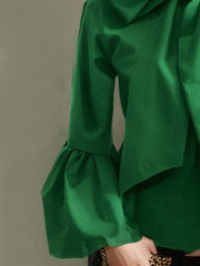 Bowknot Solid Color Split-Joint Loose Puff Sleeves Stand Collar Blouses&Shirts Tops