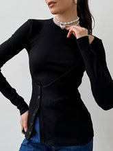 Asymmetric Buttoned Hollow Solid Color Split-Joint False Two Long Sleeves Round-Neck T-Shirts Tops