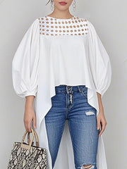 Hollow Pleated Solid Color High-Low Long Sleeves Round-Neck Blouses&Shirts Tops