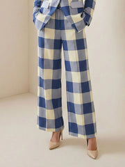 Contrast Color Elasticity Plaid Pockets Loose Wide Leg Trousers Pants