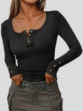 Buttoned Solid Color Long Sleeves Skinny Square-Neck T-Shirts