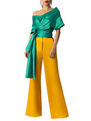 Ribbed Ruffled Solid Color Short Sleeves One-shoulder Blouses&shirts Tops
