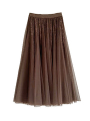 Gauze Pleated Solid Color Split-Joint A-Line High Waisted Skirts