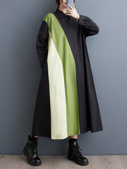 Asymmetric Buttoned Contrast Color Long Sleeves Loose Lapel Midi Dresses