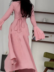 Pleated Solid Color A-Line Flared Sleeves Round-Neck Midi Dresses