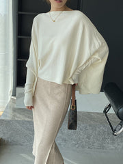 Solid Color Batwing Sleeves High-Low Boat Neck Sweater Pullovers Knitwear