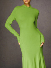 Solid Color Split-Joint Bodycon Long Sleeves High Neck Maxi Dresses