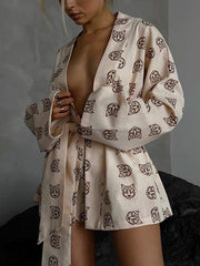 Loose Printed Long Sleeves Tied Waist Robes + High-Waisted Short Bottom Robes Pajama Sets