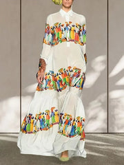 Long Sleeves Loose Printed Lapel Maxi Dresses