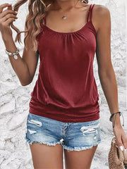 Pleated Solid Color Loose Sleeveless Spaghetti-Neck Vest Top