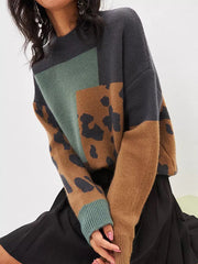 Contrast Color Leopard Split-Joint Long Sleeves Loose Round-Neck Sweater Tops Pullovers
