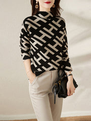 Original Skinny Long Sleeves Contrast Color Jacquard High-Neck Sweater Tops