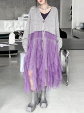 Buttoned Contrast Color Mesh Pleated Ribs Split-Joint High-Low Irregularity Collarless Outerwear Cardigan Tops