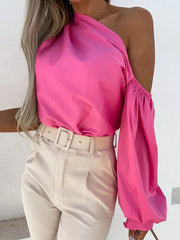 Asymmetric Elasticity Solid Color Long Sleeves Loose One-shoulder Blouses&shirts Tops
