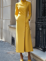 Buttoned Pockets Solid Color Split-Joint Long Sleeves Loose Stand Collar Maxi Dresses