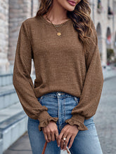 Elasticity Ruffled Solid Color Long Sleeves Loose Round-Neck T-Shirts Tops