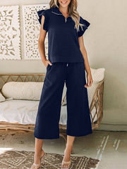 Solid Color Zipper Loose Ruffle Sleeves Split-Joint Lapel T-shirt Top + Drawstring Pockets Pants Bottom Two Pieces Set