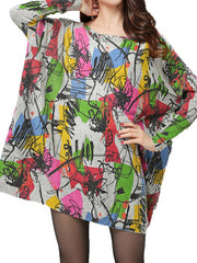 Printed Split-Joint Long Sleeves Loose Round-Neck Sweater Tops