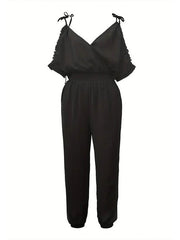 Elasticity Pleated Solid Color Tied High Waisted Sleeveless Cold Shoulder Jumpsuits