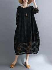 Hollow Solid Color Half Sleeves Loose Round-Neck Midi Dresses