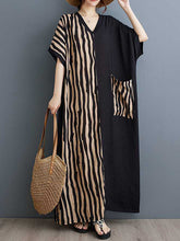 Contrast Color Pockets Split-Joint Striped A-Line Batwing Sleeves V-Neck Maxi Dresses