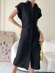 Buttoned Pleated Pockets Solid Color Split-Joint High Waisted Loose Lapel Midi Dresses